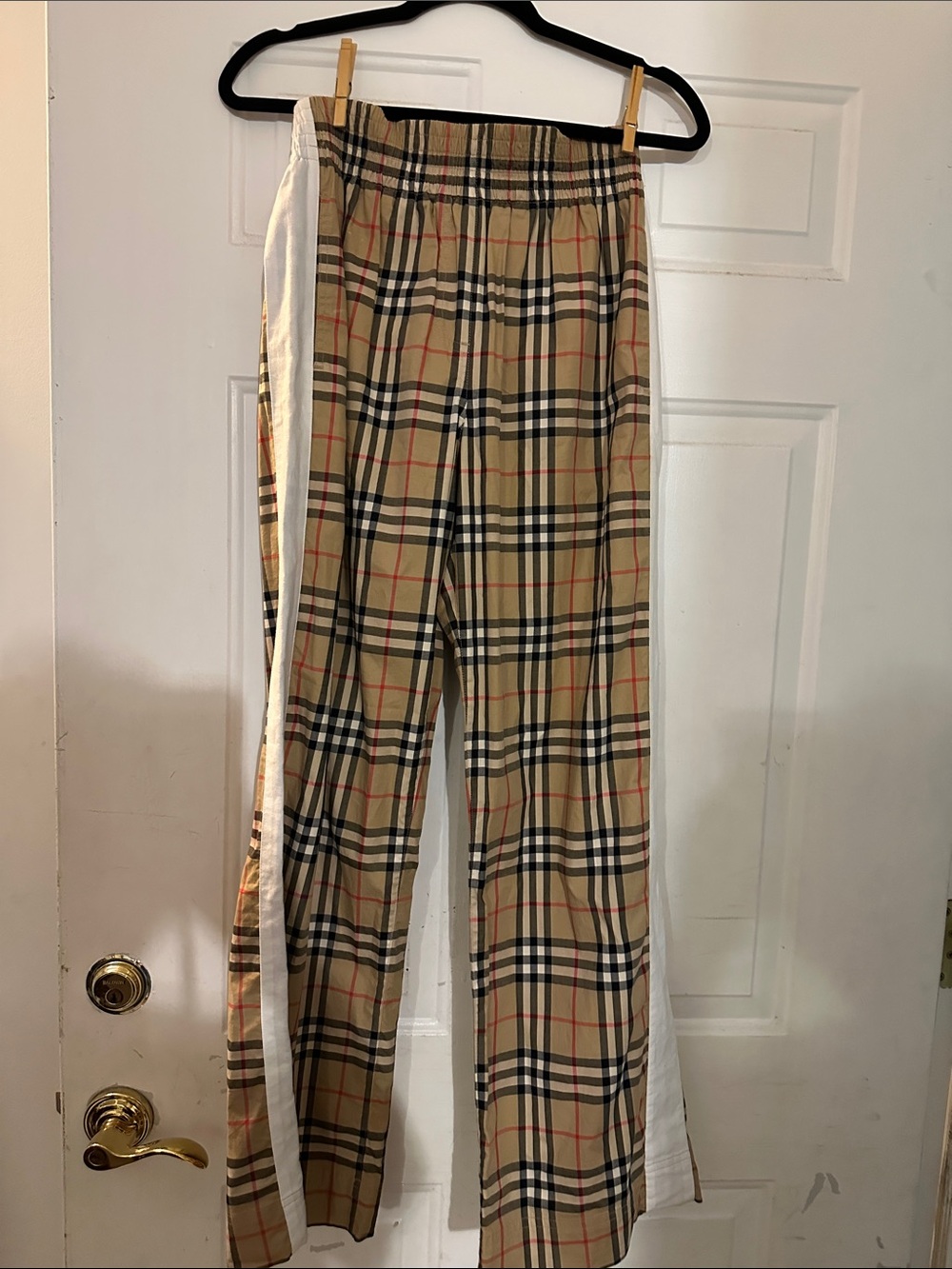 Burberry Beige Plaid Wide-Leg Pants with White Side Stripe